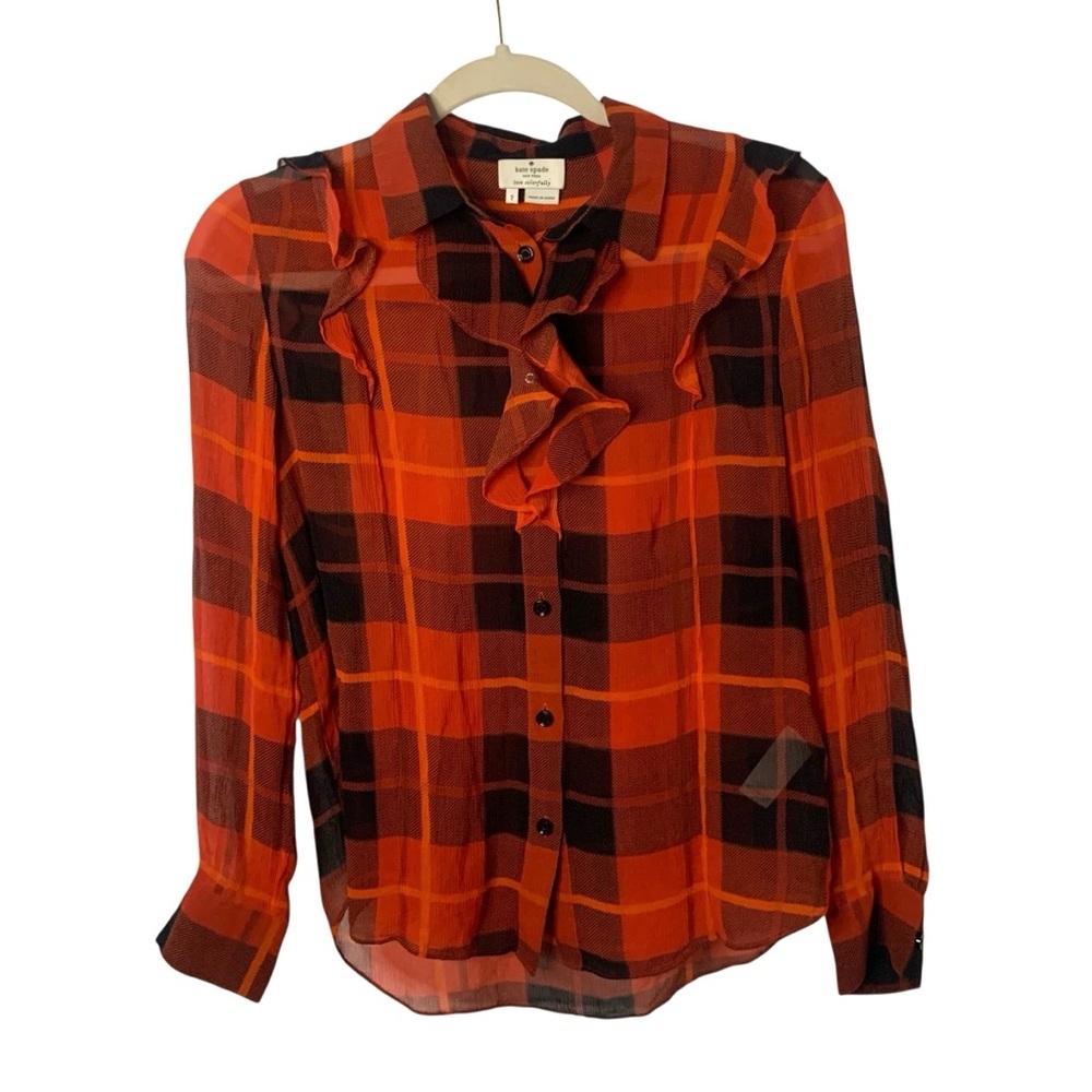 Kate Spade Size 2 Red & Black Plaid Sheer 100% Silk Button Front Blouse Holiday